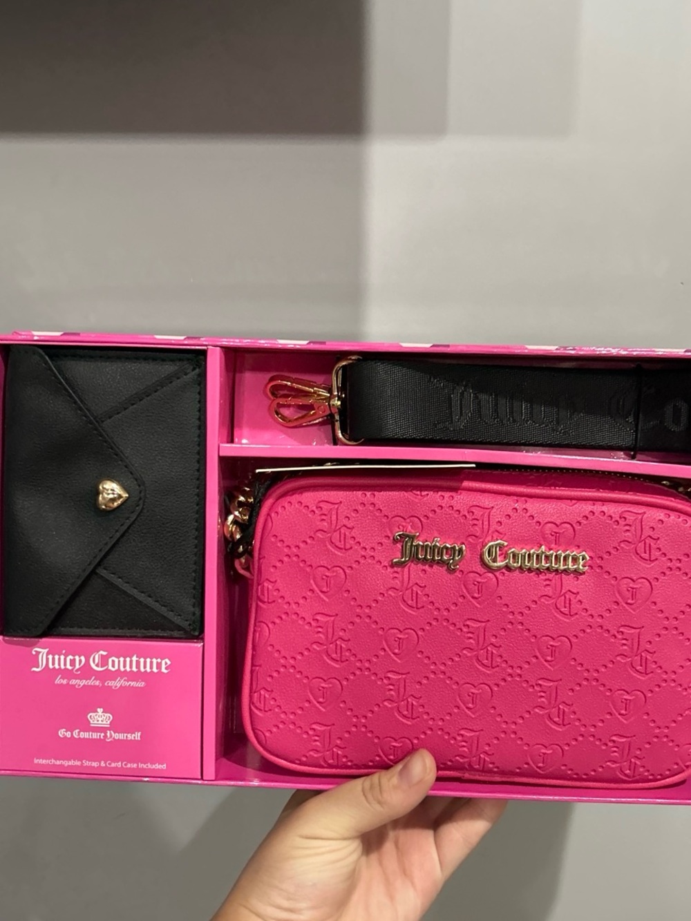 Juicy Couture Hot Pink Embossed Crossbody with Black Card Case and Strap